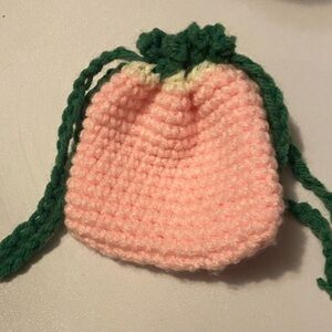 Crochet 4in x 4in strawberry drawstring pouch